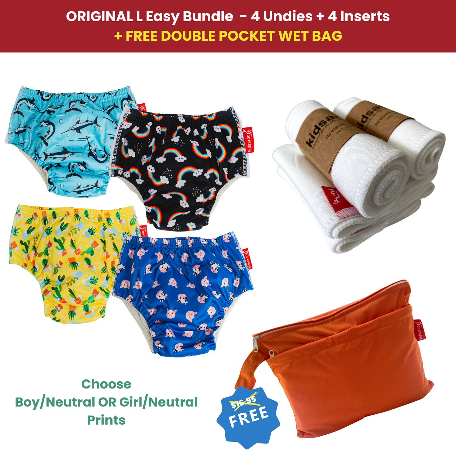Original Easy Bundle - 4 Undies + 4 Inserts - Size L - Kidsaroo