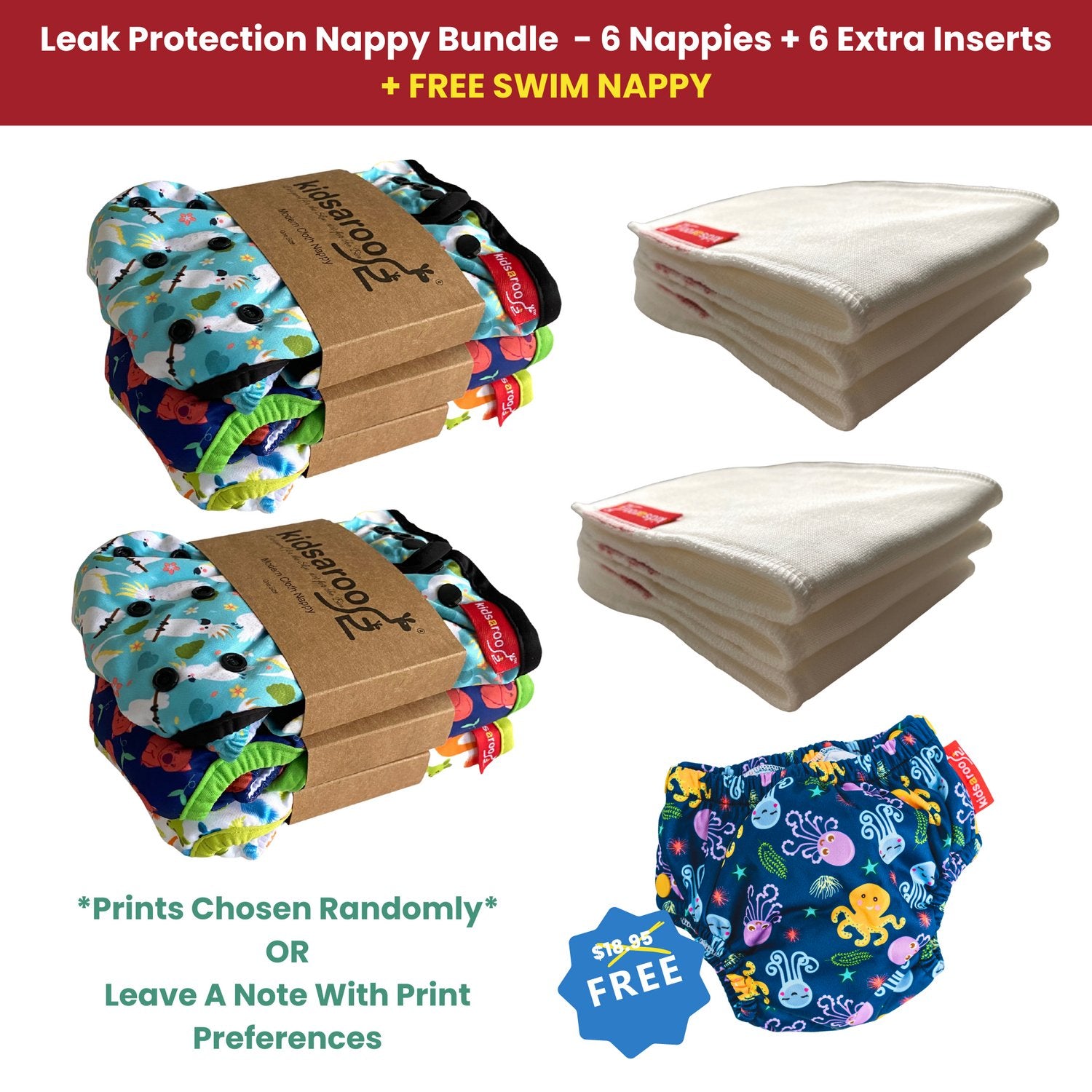 Leak Protection Nappy Bundle - 6 Nappies + 6 Extra Inserts - Kidsaroo